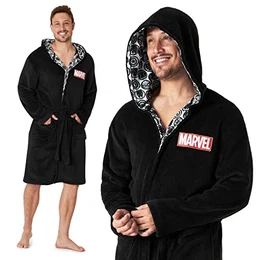 Bademantel Herren Flauschig, Fleece Morgenmantel Herren mit Kapuze (Schwarz, L)