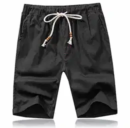 Kurze Hosen Herren Shorts Sommer Baumwolle Leinen mit Gummizug Taschen Schwarz M