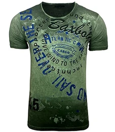 Herren Rundhals Vintage T-Shirt Kurzarm Slim Fit Design Fashion Top All Over Print Shirt B-106, Farbe:Khaki, Größe:M