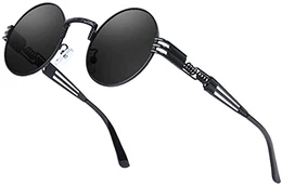 AMZSPORT Rund Polarisierte Sonnenbrille Steampunk Retro Sunglasses mit UV400 Schutz für Herren und Damen, Schwarzer Rahmen Schwarze Linse