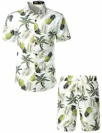 Herren Blumen Kurzarm Baumwolle Hawaii Hemd Shorts Set Medium Weiß Türkis