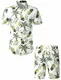 JOGAL Herren Blumen Kurzarm Baumwolle Hawaii Hemd Shorts Set Medium Weiß Türkis