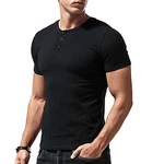 Herren Slim Fit Henley T-Shirt Beiläufig V-Ausschnitt Unterhemden Schwarz
