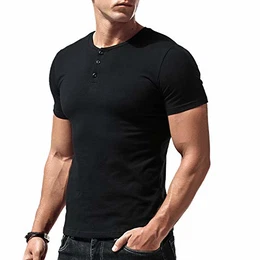 Herren Slim Fit Kurzarm Henley Tshirt Beiläufig Unterhemden Baumwolle Schwarz M