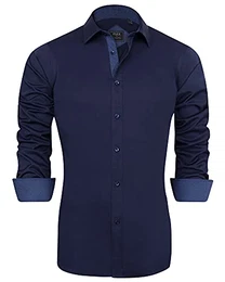 J.VER Herren Hemd Regular Fit Langarm Herrenhemden Freizeithemd Regular Businesshemd Elastiscer Musterhemd,Marineblau,M