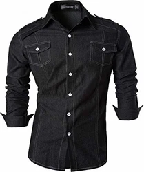 Sportrendy Herren Freizeit Hemden Slim Button Down Long Sleeves Dress Shirts Tops Schwarz (JZS004)
