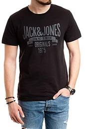 Jack and Jones Herren T-Shirt Männer Print Shirt Baumwolle Kurzarm (Black Asphalt 019, M)