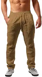Herren Leinenhose Lang Leicht Sommerhose Loose Fit Freizeithose für Urlaub Strand Alltag Khaki M