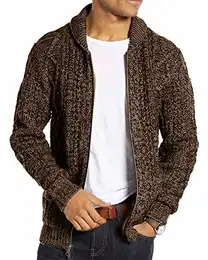 Strickjacke Herren Langarm Kragen Cardigan mit Zopfmuster Herren Reißverschluss Jacke Gestrickt für Hemd und Shirt Braun M