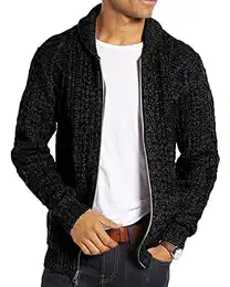 Strickjacke Herren Langarm Kragen Cardigan mit Zopfmuster Herren Reißverschluss Jacke Gestrickt für Hemd und Shirt Schwarz L