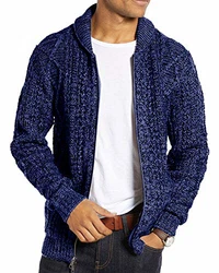 Gemijacka Strickjacke Herren Langarm Kragen Cardigan mit Zopfmuster Reißverschluss Jacke Gestrickt für Hemd und Shirt Blau