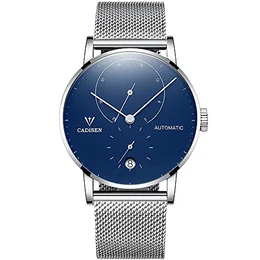 Herren Automatik-Uhr Minimalistische Armbanduhr mit Mesh-Armband (Blau)