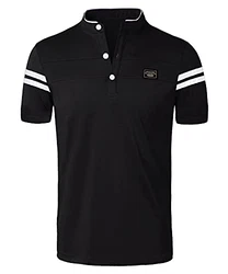 KTWOLEN Herren T-Shirt Kurzarm Grandad-Ausschnitt Slim Fit Schwarz