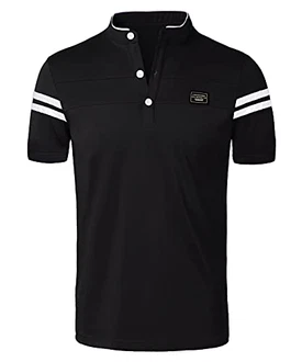 KTWOLEN Herren T-Shirt Kurzarm Grandad-Ausschnitt Slim Fit Schwarz