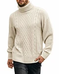 FUERI Herren Strickpullover Rollkragen Winterpullover Grobstrick Pullover Zopfmuster Einfarbig Pulli Sweater Beige