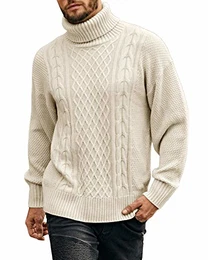 Herren Strickpullover Rollkragen Winterpullover Grobstrick Pullover Zopfmuster Einfarbig Männer Pulli Sweater, Beige, M