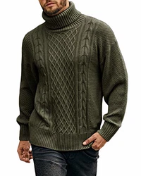 FUERI Herren Strickpullover Rollkragen Winterpullover Grobstrick Pullover Zopfmuster Einfarbig Pulli Sweater Grün
