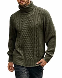 Herren Strickpullover Rollkragen Winterpullover Grobstrick Pullover Zopfmuster Einfarbig Männer Pulli Sweater, Grün, M