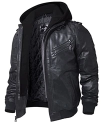 FLAVOR Echtes Lederjacke Herren Abnehmbarer Hoodie Schwarz
