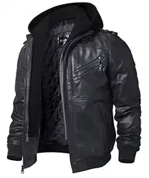 Echtes Lederjacke Herren Abnehmbarer Hoodie (M, Schwarz)