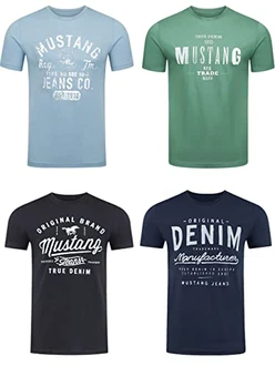 MUSTANG Herren T-Shirt 4er Pack Frontprint O-Neck Rundhalsausschnitt Kurzarm Regular Tee Shirt (P10) Schwarz/Weiß/Grau/Blau/Grün