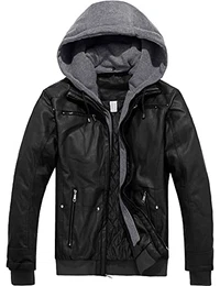Herren Leder Motorradjacke Reißverschluss Stehkragen schmale Bomberjacke mit abnehmbarer Kapuze(Schwarz,M)