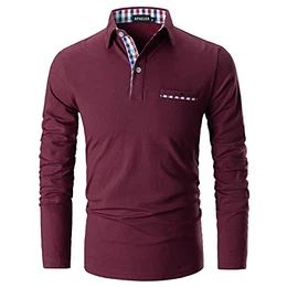 Poloshirt Herren Baumwolle Langarm Golf T-Shirt mit Klassische Karierte Knopfleiste,Rot,M