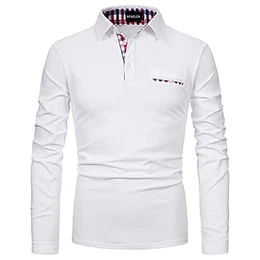 Poloshirt Herren Baumwolle Langarm Golf T-Shirt mit Klassische Karierte Knopfleiste,Weiß,M