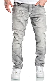 Herren Dicke Nähte Destroyed Jeans Regular Slim Denim Hose Fit 7983WC Grau W32/L32