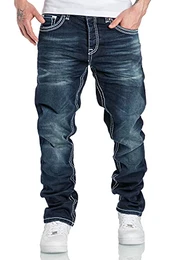 Herren Dicke Nähte Destroyed Jeans Regular Slim Denim Hose Fit 7983WC Dunkelblau W32/L32