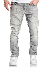 Herren Dicke Nähte Destroyed Regular Slim Jeans Denim Hose Fit 7983WD Grau W32/L32