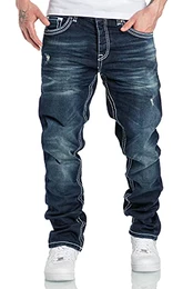 Herren Dicke Nähte Destroyed Regular Slim Jeans Denim Hose Fit 7983WD Dunkelblau W34/L30