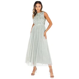 Maya Deluxe Women's Ladies Maxi Dress Sequin Embellished Floral V-Neck Short Sleeve Tulle Skirt A-Line for Wedding Guest Ball Gown Vestito, Green Lily, 52 Donna