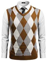 Herren Pullunder V-Ausschnitt Ärmellose Strickweste Karierte Baumwolle Knitted Vest für Herbst Winter Braun M