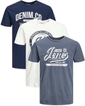 JACK & JONES Herren T Shirt 3er Pack Print Mix Rundhals Tee Regular Slim Fit O Neck Ausschnitt Grau