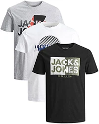 JACK & JONES Herren T Shirt 3er Pack Print Mix Rundhals Tee Regular Slim Fit O Neck Ausschnitt 