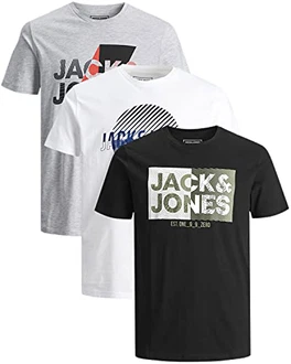 JACK & JONES Herren T Shirt 3er Pack Print Mix Rundhals Tee Regular Slim Fit O Neck Ausschnitt 