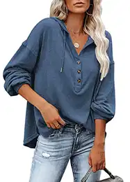 Herbst Langarm Henley Shirt für Damen Leichtgewicht mit Kordelzug 40-42 （Marineblau,M