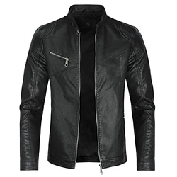 Sliktaa Herren Jacke aus Kunstleder mit Stehkragen Übergangsoberteil Lässig Motorrad Piloten Reißverschluss Casual Klassisch Lederjacke Schwarz