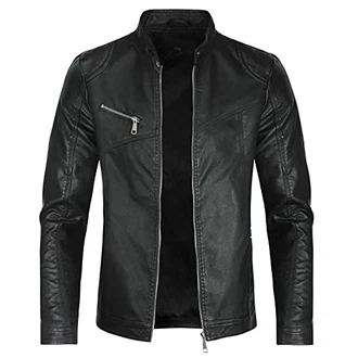 Sliktaa Herren Jacke aus Kunstleder mit Stehkragen Übergangsoberteil Lässig Motorrad Piloten Reißverschluss Casual Klassisch Lederjacke Schwarz