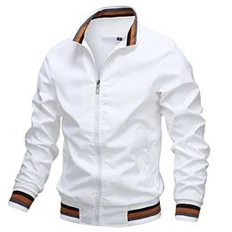 Bomberjacke Weiß Herren Leichtes College Jacke Windbreaker Sportjacke mit Gestreiftem Bund und Innentasche