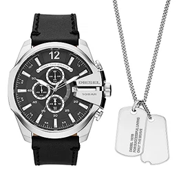 Herrenuhr Mega Chief, Chronographenwerk, 51 mm silberfarbenes Edelstahlgehäuse mit Lederarmband, DZ4559