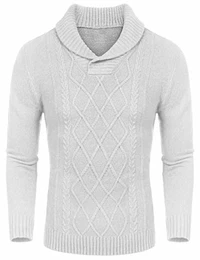 Herren Schalkragen Pullover Casual Strickpullover Zopfpullover Langarm Shawl Pullover Sweater,Weiß,M