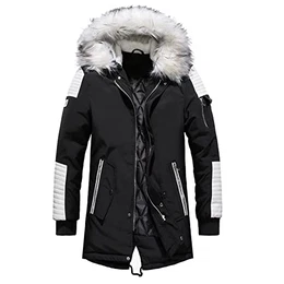 Winterparka Herren Warme Winterjacke Lang Outdoor Verdickt Baumwolle Hooded Wintermantel Mit Kunstpelz Fellkapuze Schwarz-Weiß M