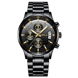 Herren Uhr wasserdichte Chronographen Armbanduhr Männer Edelstahlarmband Business Analog Quarzuhr mit Kalender (Schwarz Gold)
