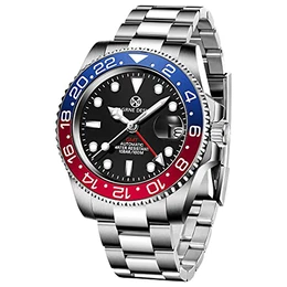 Fashion GMT Automatik Herrenuhr-Business Casual Edelstahlarmband-Luxus Kratzfestes Saphirglas (3 blau rot)