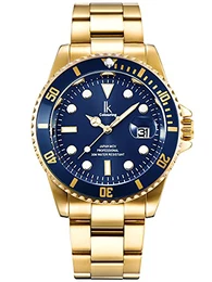 Alienwork Armbanduhr Herren Damen Gold Edelstahl Metallarmband Kalender Datum Marineblau Klassik Elegant