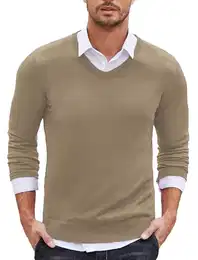 Herren Strickpullover V Ausschnitt Langarm Sweater Winter Pullover Männer Slim Fit Khaki M