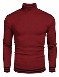 Herren Wolle Schildkrötenkragen Stricken Kabelpullover Pullover Herbst Winter, 1- Weinrot, Gr. M
