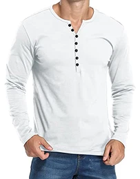 Herren Henley Shirts Langarmshirt Casual T Shirt Slim Fit Knöpfe Basic T-Shirts Weiß M
